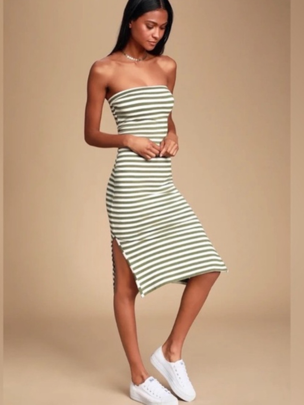 RVCA Olive Green & White Striped Tee